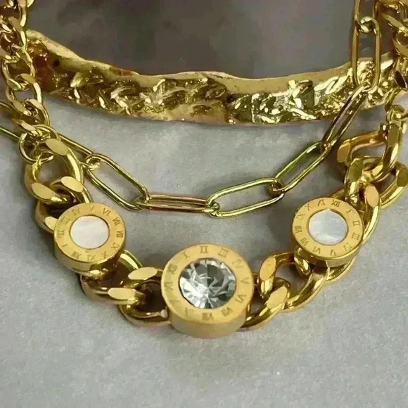 Stainless Steel Gold Plated Roman Numeral Zircon Layered Bracelet - Picture 6 of 8